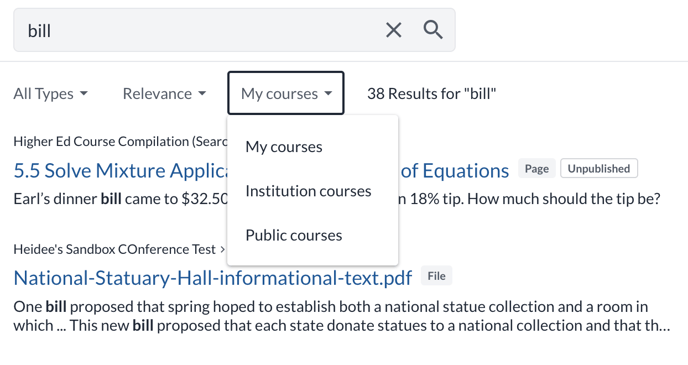 Search results, my courses dropdown