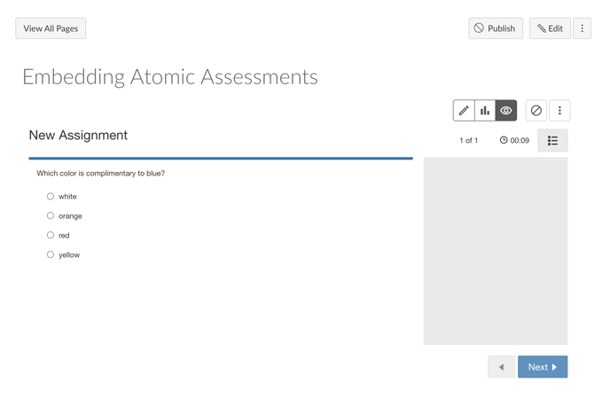 An embedded Atomic Assessment after saving the Canvas page