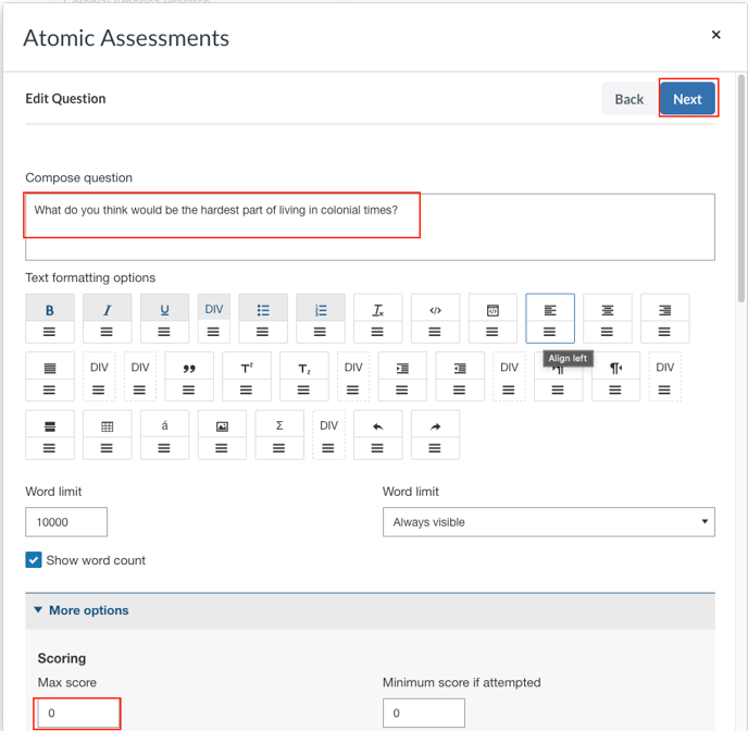 Add question text, set max score, and choose Next