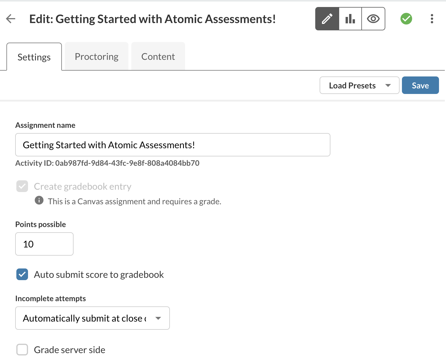 How do I configure Atomic Assessments assignment settings?